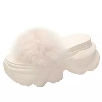 Fashion Women Platform Slippers Feather Chunky Sandals Beach Shoes 8.5CM Wedge Heels Peep Toe Slides Ladies Outside Flip-Flops Woman 34 чёрный