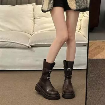 Fashion Women s Boots Thick-soled Mid-calf Knee-length Spring and Autumn 2024 New Fashion Casual Brand Designer Knight Boots 35 чёрный