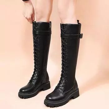 Fashion Women s Boots Winter Knee High Shaft Black Shoes for Woman Round Toe Footwear White Middle Heel Long New Rock on Promotion Sale 35