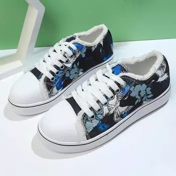 Fashion Women s Fashion Flat Shoes Autumn New Round Head Cloth Printed Lace-up Soft Sole Non-slip Comfortable Canvas Shoes 36 синий