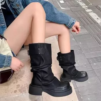 Fashion Women s Half High Boots Black Round Toe Platform Leather Ladies Mid Calf Shoes Footwear Waterproof on Promotion Y2k Fashion 2024 35