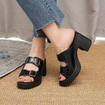 fashion Women s High Heel Slippers Platform Fashion Simple Slippers Women s Buckle with High Heels Open-air High Heels Summer Slippers 35 светло-коричневого