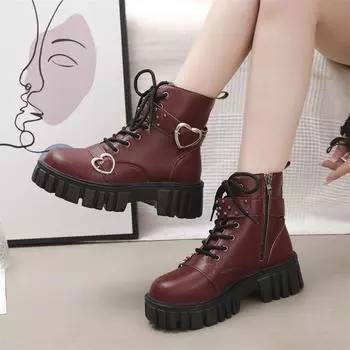 Fashion Women s Platform Gothic Ankle Boots Heart Buckle Strap Lace Up Short Boots 2024 New Women s Cool Chunky Motorcycle Boots 35 вино красного