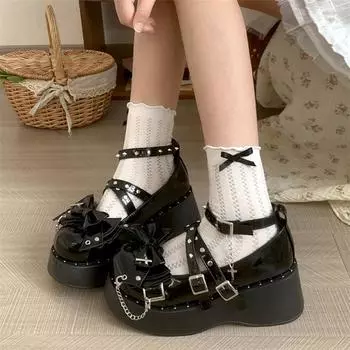 Fashion Women s Punk Platform Pumps 2024 New Metal Chain Mary Jane Lolita Shoes Woman Japanese Patent Leather High Heels Gothic Shoes 35 чёрный