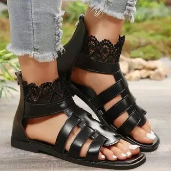 Fashion Women s Sandals Flat Bottom Zipper Roman Shoes 2024 Summer Dress Women s Square Toe Fashion Breathable Outdoor Women s Sandals 35 чёрный