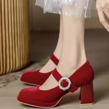 fashion Women s Shoes 2024 Fashion Buckle Women s Pumps Spring Autumn Square Toe Suede Solid Sexy Dress Block Heels Shallow Shoes 34 покинуть белый