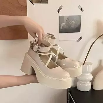 Fashion Women s Shoes 2024 Fashion Round Toe Women s High Heels Autumn Mary Jane Button Solid Color Dress Thick Sole Thick Heel Pumps 35 бежевый