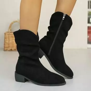 Fashion Women s Shoes 2024 New Fashion High Quality Zipper Women s Boots Winter Pointed Toe Solid Mid Calf Thick Heel Simple Roman Boots 35 чёрный