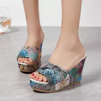 Fashion Women s Summer Fashion New Print Peep Toe Wedge Slippers Outdoor Casual Solid Color Thick Sole Non-Slip Sandals Flip Flops 35-42 35 серый