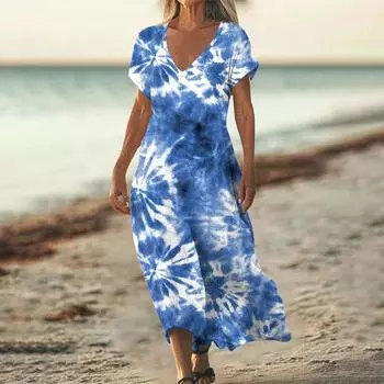 Fashion Women s Summer V-neck Short Sleeve Tie- Retro Print Beach Dress L синий