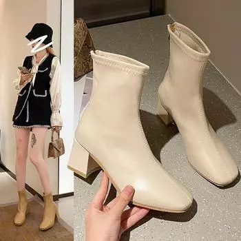 Fashion Women s Temperament Square Toe Short Boots 2024 Spring and Autumn New Style White Thick Heel Fashion Simple Single Shoes Summer 35 бежевый