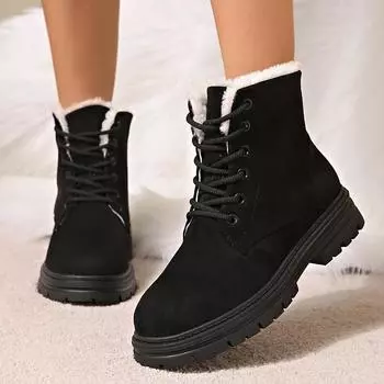 fashion Women s Winter Plush Warm Ankle Boots Faux Suede Non Slip Snow Boots Woman Fashion High Top Lace Up Platform Sneakers 36 чёрный