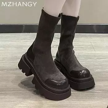 Fashion Women Snow Platform Boots Suede Flats Mid Calf Shoes 2024 Trend Leather Goth Boots New Woman Pumps Fashion Winter Lady Zip Shoes 35 коричневый