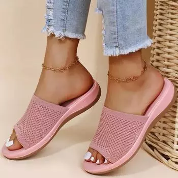Fashionable and Casual Elastic Fabric Sandals and Slippers 2024 Summer New Sloping Heel Breathable Luxury Women s Shoes Platform 35 светло-розовый