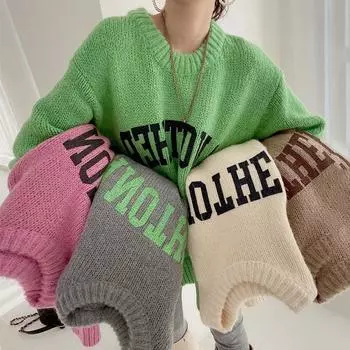 Fashionable Candy-colored Sweater Women s Autumn and Winter Loose Lazy Wind Thickened Round Neck Letter Knit Sweater Comfortable and Versatile one size серый