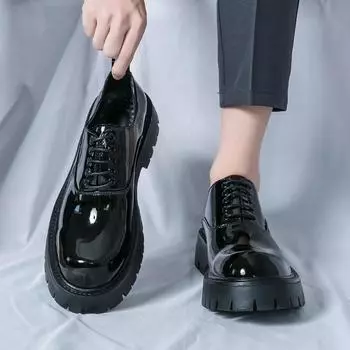 Fashionable New Men s Comfortable Thick Sole 38-45 Size Plain/Bright Casual Leather Shoes Classic Black Men s Lace Up Work Shoes 38
