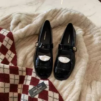 Fashionable Sheepskin Gold Buckle Round Toe Shallow Cut Flat with Thick Heels, Jane Shoes, Women s Singles Shoes 35