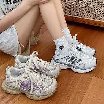 Fashionable Versatile Thick Sole Dad Shoes For Women 2024 New Spring Autumn Breathable Mesh Lightweight Sports Casual Shoes 35 серый