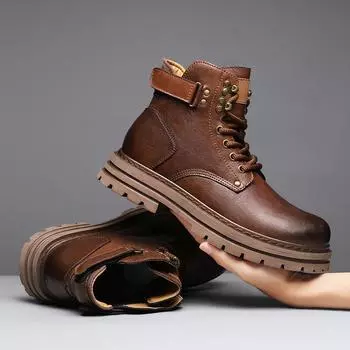 FashionAnkle Boots Warm Winter Genuine Leather Men Boots Comfort High Top Shoes Outdoor Anti-slip Walking Shoe Travel Lace-Up Boots 39