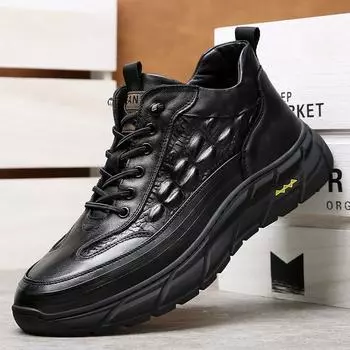 FashionAnti Slip New First Layer Cowhide Men Shoes Sneekers Casual Shoes Men Classic Black Sport Sneeker Fashion Lace Up High Top Shoes 38 чёрный