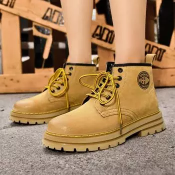 FashionClassic Retro Men High Top Boots Men Leather Motorcycle Boots Winter Fashion Outdoor Non-Slip Ankle Boots Lace Up Walking Shoes 36 жёлтый