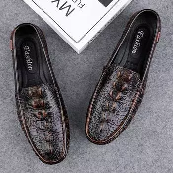 FashionCrocodile Pattern Mens Loafers Genuine Leather Casual Shoes Men Slip-On Shoes Lightweight Man Driving Flat Fashion New Mocasines 38