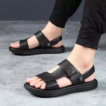 FashionFashion Дышащие мужские сандалии ручной работы из натуральной кожи Мужская летняя пляжная повседневная обувь Мужские резиновые тапочки на платформе Удобные сандалии 38 чёрный