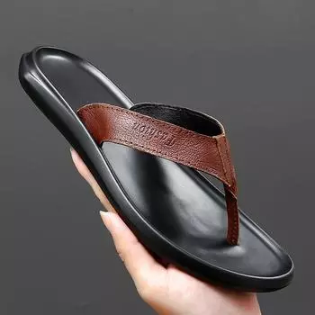 FashionFlip Flops Men New Genuine Leather Men s Slippers Outdoor Summer Fashion Flip-flops Slippers Breathable Slides Men Casual Shoes 38 чёрный