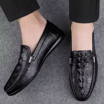 FashionGenuine Leather Male Casual Shoes Fashion Mens Loafers Breathable Slip on Driving Shoes Crocodile Pattern Moccasins Comfy Flats 38 чёрный