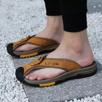 FashionGenuine Leather Men Flip Flops Outdoor Beach Shoes Male Comfortable Fashion Cool Slippers Male Luxury Brand Man Summer Slides 38 чёрный