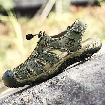 FashionGenuine Leather Men Sandals Anti-collision Toe Summer Shoes Outdoor Water Flats Quick Dry Wading Aqua Shoes Man Non-Slip Sandals 38 светло-коричневого