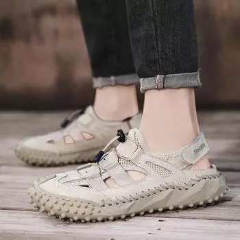 FashionGenuine Leather Mens Fashion Walking Shoes Outdoor Men Leather Sandals for Men Handmade New Beach Shoes Hollow Out Summer Flats 38 бежевый