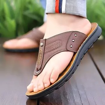 FashionHigh Quality Men s Cowhide Flip Flops Casual Beach Shoes Fashionable Outdoor Men s Hand Comfortable Soft Sole Non Slip Sandals 38 чёрный