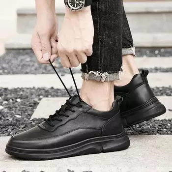 FashionHigh Quality Mens Fashion Sneakers Lace-Up Men s Walking Shoes Genuine Leather Handmade Men Casual Shoes Male Comfortable Flats 38 чёрный