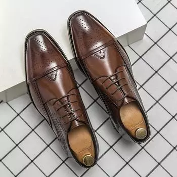 FashionHot Selling Men s Pointed Carved Block Formal Leather Shoes Fashionable Men s Lace Up Comfortable Business Casual Leather Shoes 38 чёрный