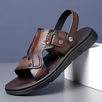 FashionHot Summer Men s Genuine Leather Sandals Outdoor Soft Clogs Men Sandals Slides Handmade Sandals Roman Outdoor Slippers 38 чёрный