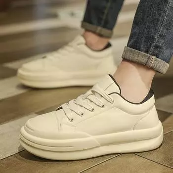 FashionLace-Up Men Casual Walking Shoes All-match Mens Comfortable Sneakers Thick Bottom Skate Shoes New Men Leather Fashion Flats Male 38 белый