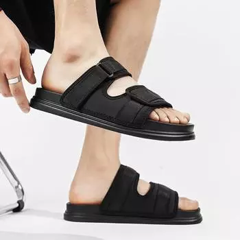 FashionLightweight Soft Sole Beach Slippers New Casual Slide Mens Shoes Fashion Men s Slippers Leather Summer Outside Slip on Footwear 38 чёрный