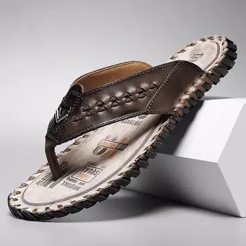 FashionLuxe Handmade Genuine Leather Slippers Men Summer Luxury Mens Flip Flops Outdoor Slippers Breathable Comfortable Male Flip-Flops 38 чёрный