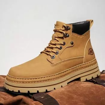 FashionMale High Top Lace-Up Sneakers Man Stylish Retro Basic Boots New Men s Leather Motorcycle Boots All-match Men s Walking Shoes 38 хаки
