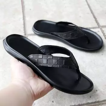 FashionMen Leather Slippers Mens Flip Flops Slides Genuine Leather Casual Outdoor Summer Italian Designer Classic Beach Footwear Male 38 чёрный