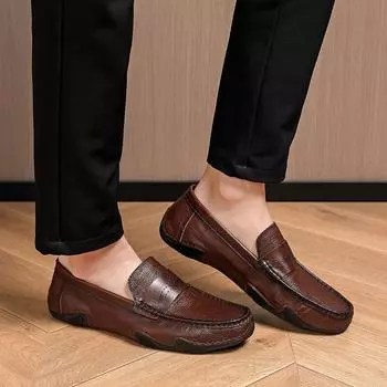 FashionMen New Loafers Shoes Genuine Leather Fashion moccasins High Quality Casual Leather Shoes Soft Flats Comfort Men Driving Shoes 38 чёрный