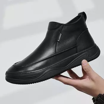 FashionMen s Warm Casual High-top Cotton Boots with Fleece Fashion New Designer Autumn Winter Black Cow Leather Shoes for Men 38 чёрный