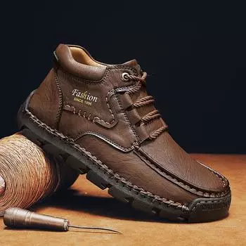 FashionNew Lace-Up Leather Basic Boots Versatile Leisure Walk Outdoor Shoes High Top Hiking Boots Stylish Non-Slip Mens Basic Boots 38