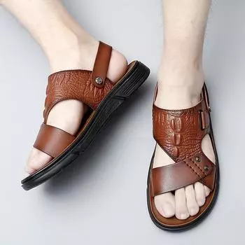 FashionNew Men s Crocodile Pattern Sandals Summer Fashion Men s Sandals Comfortable Leather Beach Male Sandals Outdoor Man Casual Shoes 38 чёрный