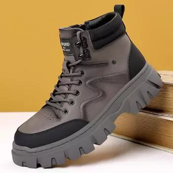 FashionOutdoor Thick Soled Leather Men s Boots Handmade New Men s Walking Shoes Fur Warm Working Men Boots Wool Outdoor Leather Boots 38 хаки
