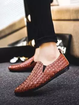 FashionRound Toe Men s Leather Shoes Comfortable Flat Male Casual Shoe Slip-on Legitimate Cowhide Luxury Sale High Quality Fashion Pu 39