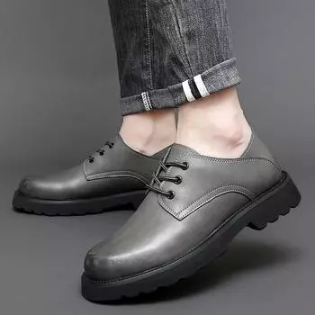 FashionSpring New Men s Fashion Thick Sole Outdoor Anti Slip Work Wear Casual Shoes Classic Grey/Black Lace Up Big Head Leather Shoes 38 чёрный