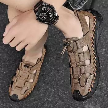 FashionSummer Fashion New Handmade Cowhide Breathable Sandals Brand Outdoor Comfortable Leisure Sports Anti Slip Knitted Leather Shoes 38 чёрный