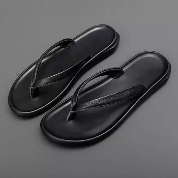 FashionSummer Flip Flop Genuine Leather Men s Slippers Top Brand New Fashion Man Designer Beach Flip-flops Light Comfortable Shoes Men 38 чёрный